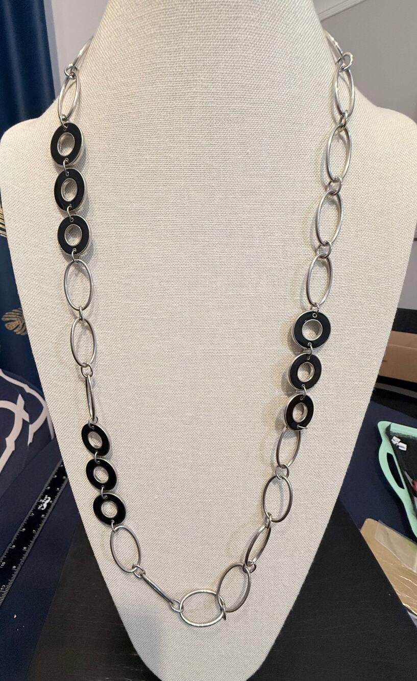 Runway silver tone black enamel link statement necklace 32”